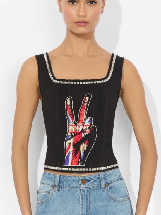 Alice + Olivia Tops - Alice + Olivia Black Tank with Multicolor Embellished Peace Hand